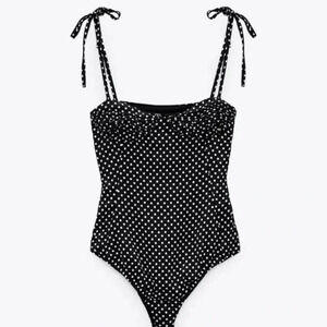 Zara womens black and white satin silky polka dot tank top corset bodysuit small